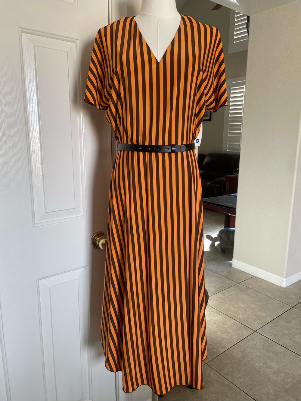 MaxMara Studio Viscose Striped Belted Maxi Dress Orange Brown M